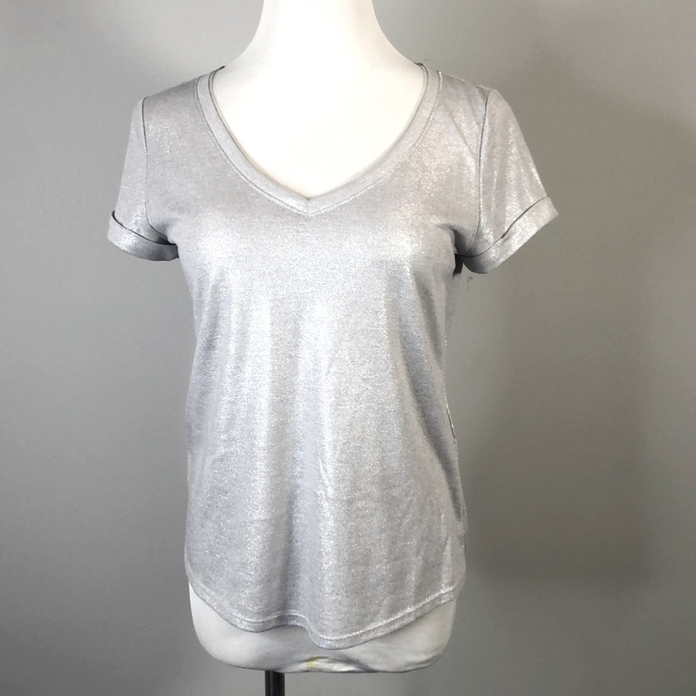 White House Black Market Silver Shimmer V-Neck Short Sleeve Tee